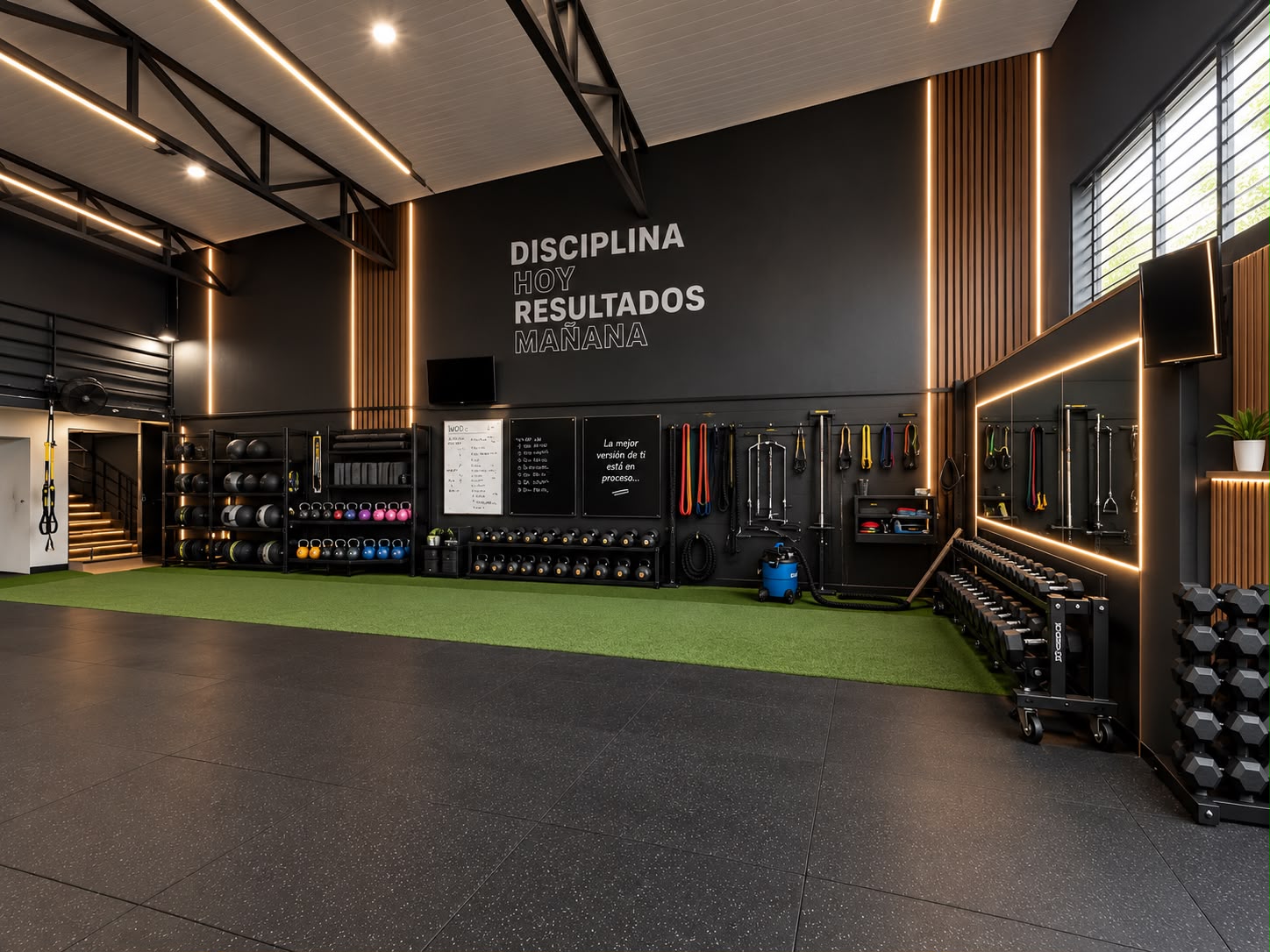 Local con zona de entrenamiento, pesas, bandas y césped artificial